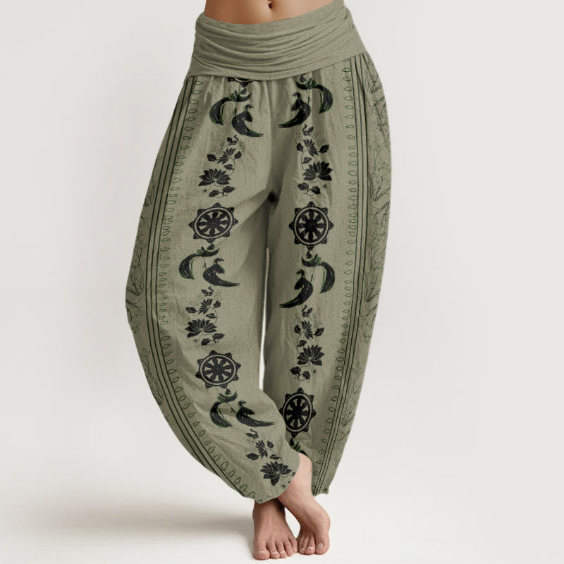 Buddha Stones Cotton Dharma Wheel Lotus OM Pattern Women's Elastic Waist Harem Pants - DarkKhaki - US22，UK/AU26，EU54 (6XL) - image 4