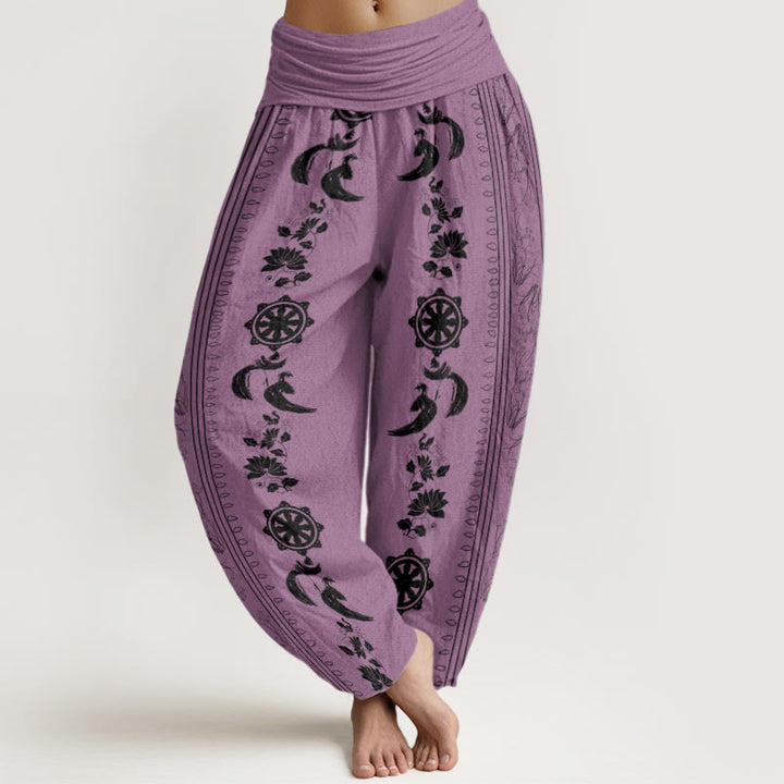 Buddha Stones Cotton Dharma Wheel Lotus OM Pattern Women's Elastic Waist Harem Pants - Plum - US22，UK/AU26，EU54 (6XL) - image 5