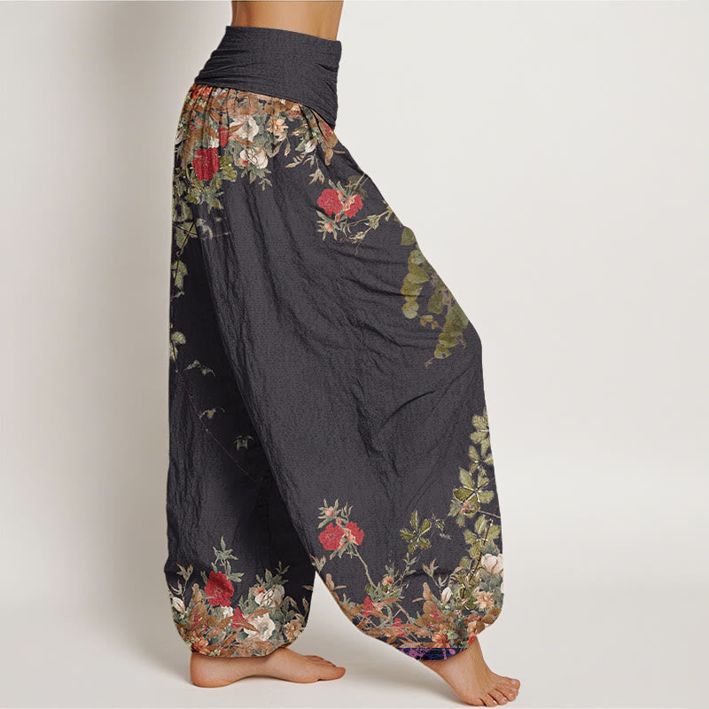 Buddha Stones Casual Red Peony Flower Vine Design Women's Elastic Waist Harem Pants