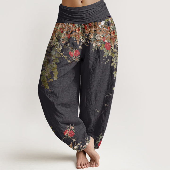 Buddha Stones Casual Red Peony Flower Vine Design Women's Elastic Waist Harem Pants - Black - US22，UK/AU26，EU54 (6XL) - image 1