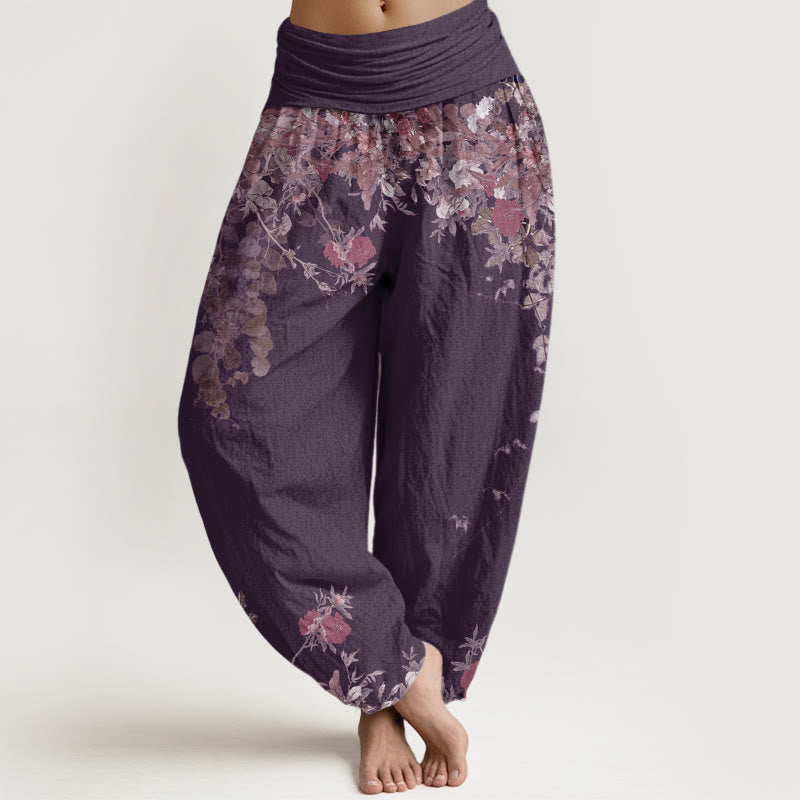 Buddha Stones Casual Red Peony Flower Vine Design Women's Elastic Waist Harem Pants - Plum - US22，UK/AU26，EU54 (6XL) - image 8
