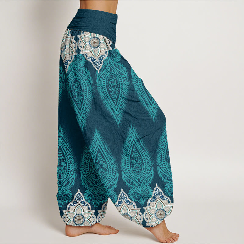 Buddha Stones Cotton Casual Feather Flower Design Women's Elastic Waist Harem Pants - image 1