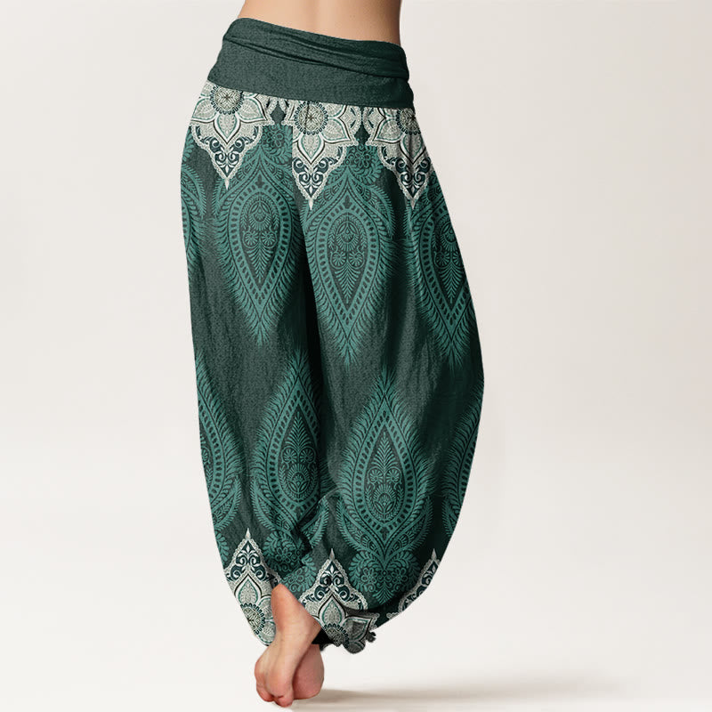 Buddha Stones Casual Feather Flower Design Women's Elastic Waist Harem Pants