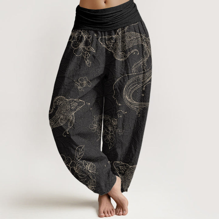 Buddha Stones Koi Fish Floral Pattern Women's Elastic Waist Harem Pants