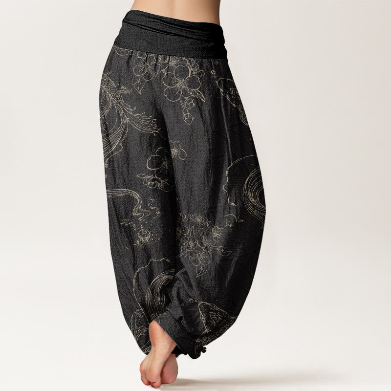 Buddha Stones Koi Fish Floral Pattern Women's Elastic Waist Harem Pants