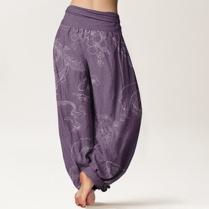 Buddha Stones Koi Fish Floral Pattern Women's Elastic Waist Harem Pants