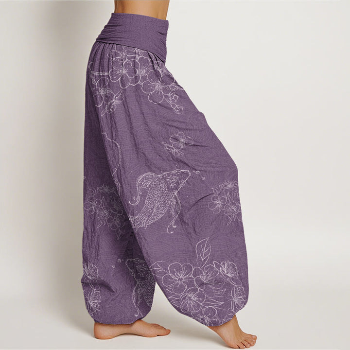 Buddha Stones Koi Fish Floral Pattern Women's Elastic Waist Harem Pants