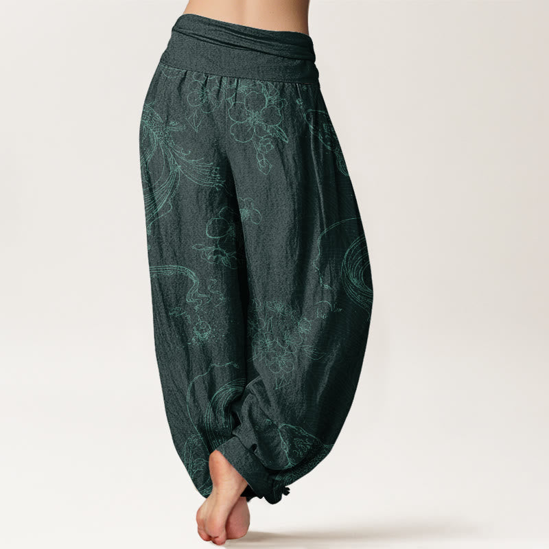 Buddha Stones Koi Fish Floral Pattern Women's Elastic Waist Harem Pants