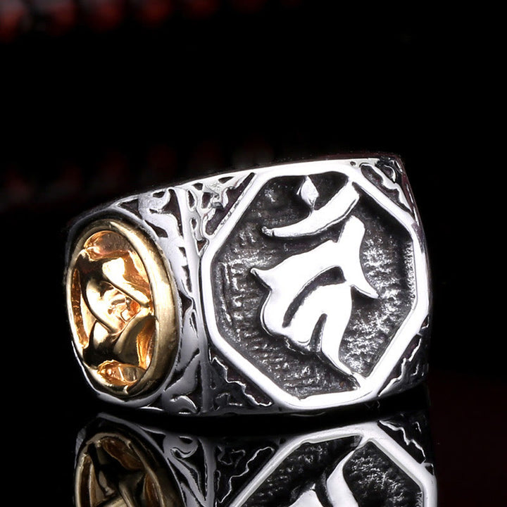 Buddha Stones Tibetan Titanium Steel Greeting Hand Sword Sign Sanskrit Balance Ring