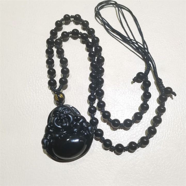 Buddha Stones Natural Black Obsidian Ice Obsidian Laughing Buddha Purification Necklace Pendant