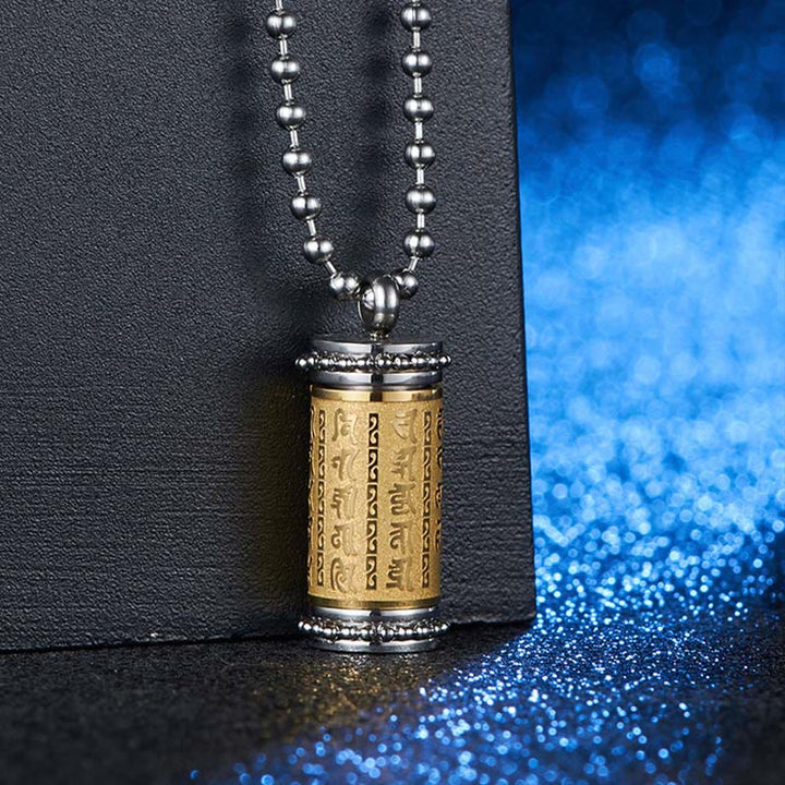 Buddha Stones Titanium Steel Prayer Wheel Scriptures Necklace Balance Pendant