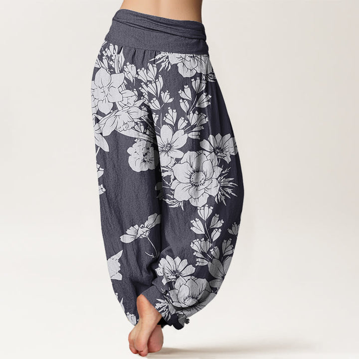 Buddha Stones Casual Peony Flowers Leaves Women's Elastic Waist Harem Pants - image 2