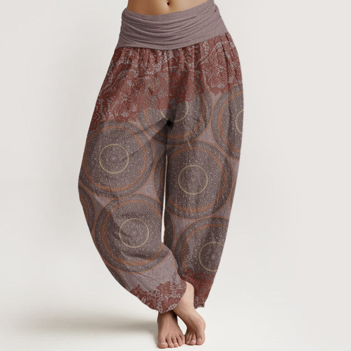 Buddha Stones Casual Flowers Compass Design Women's Elastic Waist Harem Pants