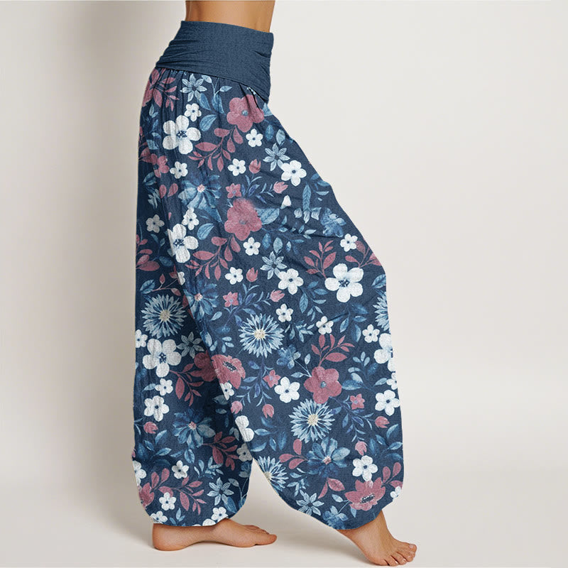 Buddha Stones Casual Red White Flower Dandelion Design Women's Elastic Waist Harem Pants