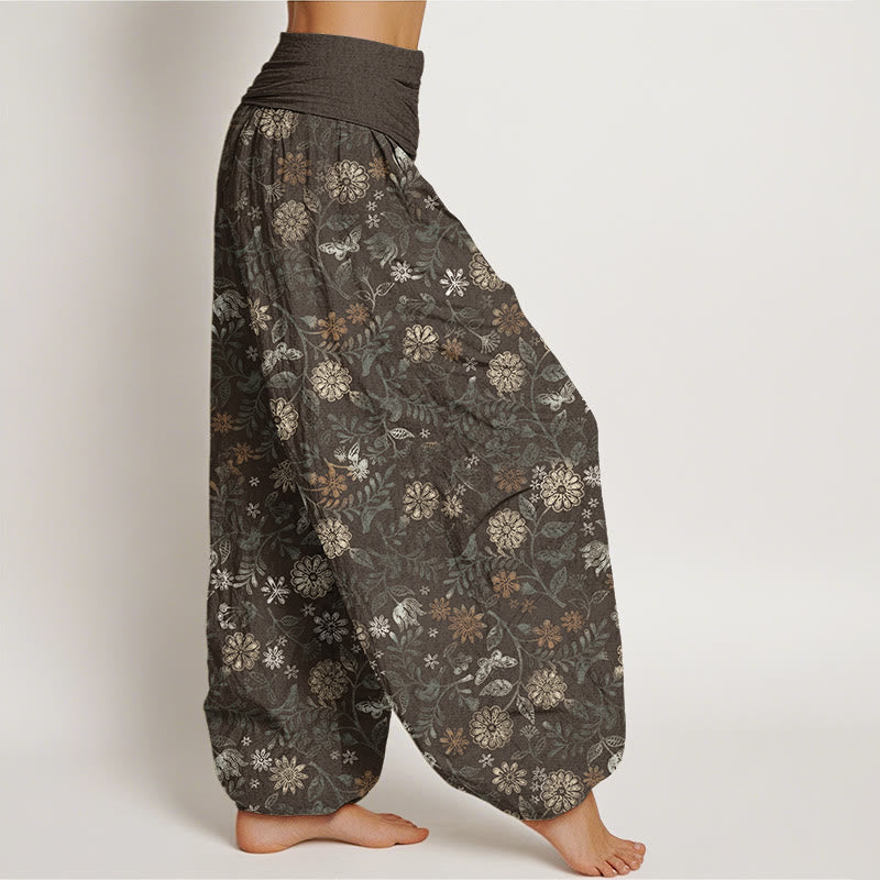 Buddha Stones Casual New York Aster Flowers Leaves Design Women's Elastic Waist Harem Pants