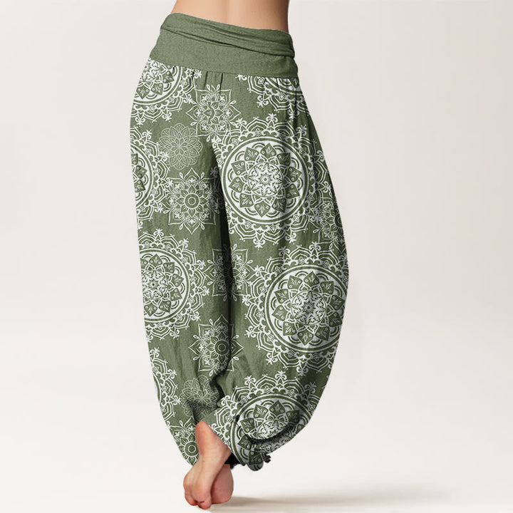 Buddha Stones Cotton Casual White Mandala Flower Design Women's Elastic Waist Harem Pants - image 2