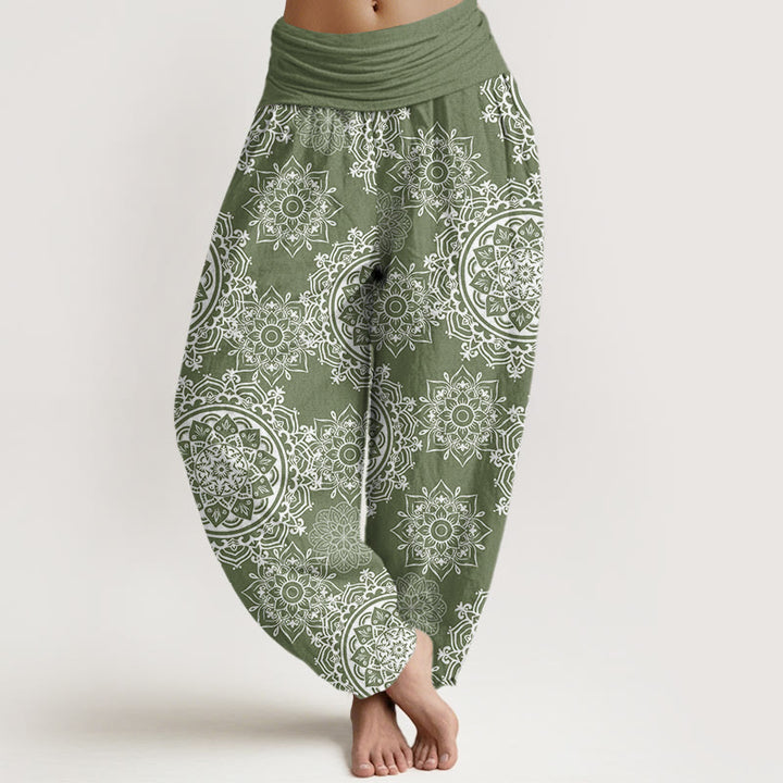 Buddha Stones Casual White Mandala Flower Design Women's Elastic Waist Harem Pants