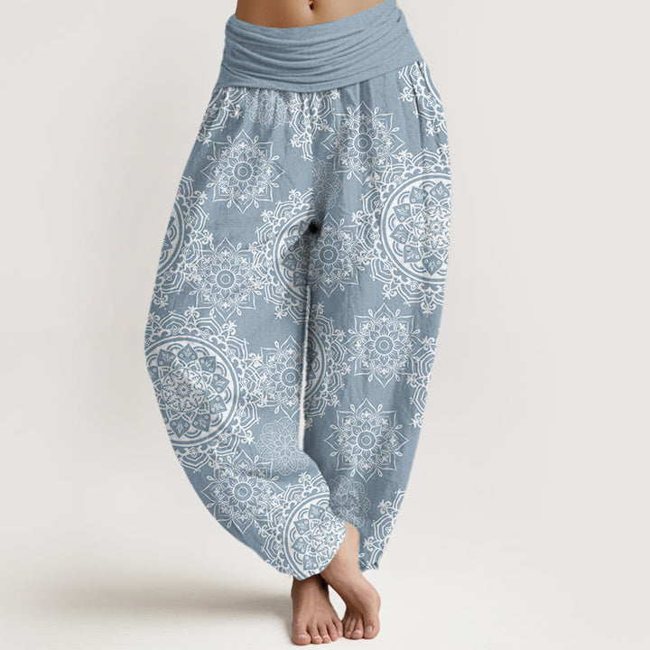 Buddha Stones Casual White Mandala Flower Design Women's Elastic Waist Harem Pants