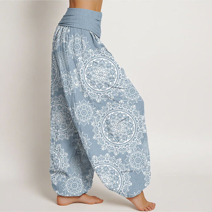 Buddha Stones Casual White Mandala Flower Design Women's Elastic Waist Harem Pants