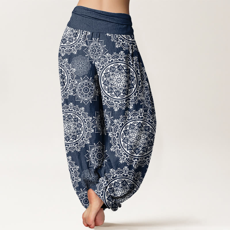 Buddha Stones Casual White Mandala Flower Design Women's Elastic Waist Harem Pants