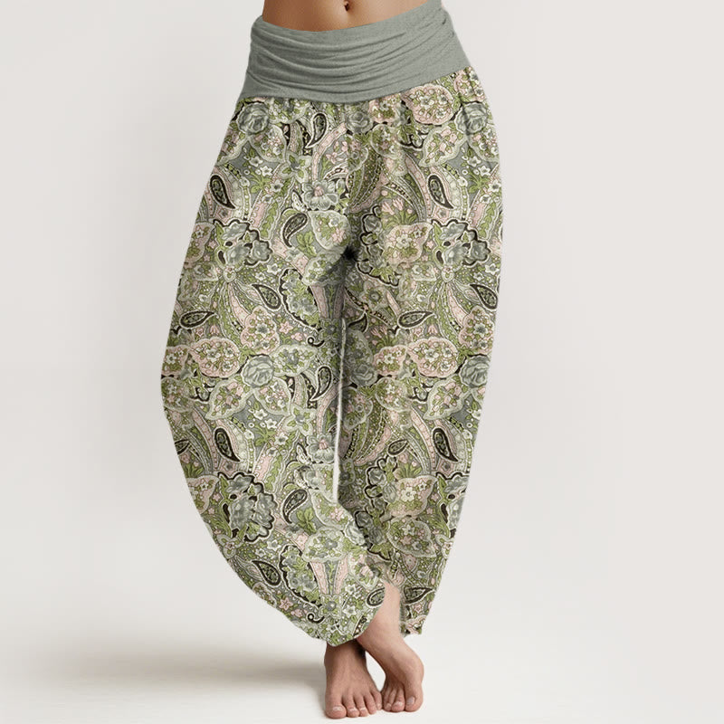 Buddha Stones Casual Cashew Flower Design Women's Elastic Waist Harem Pants