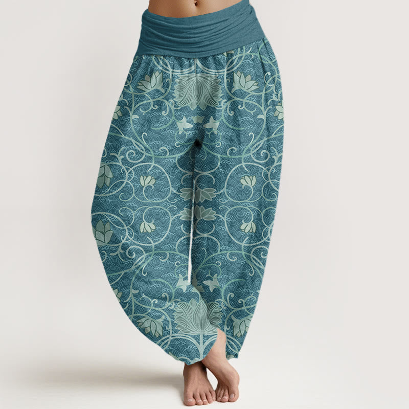 Buddha Stones Lotus Pattern Women's Elastic Waist Harem Pants