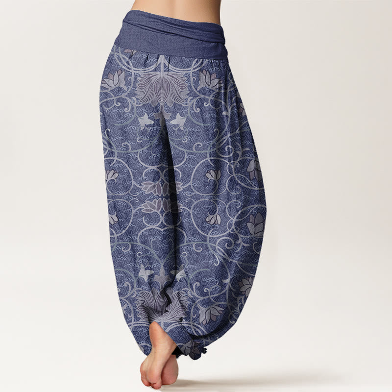 Buddha Stones Lotus Pattern Women's Elastic Waist Harem Pants