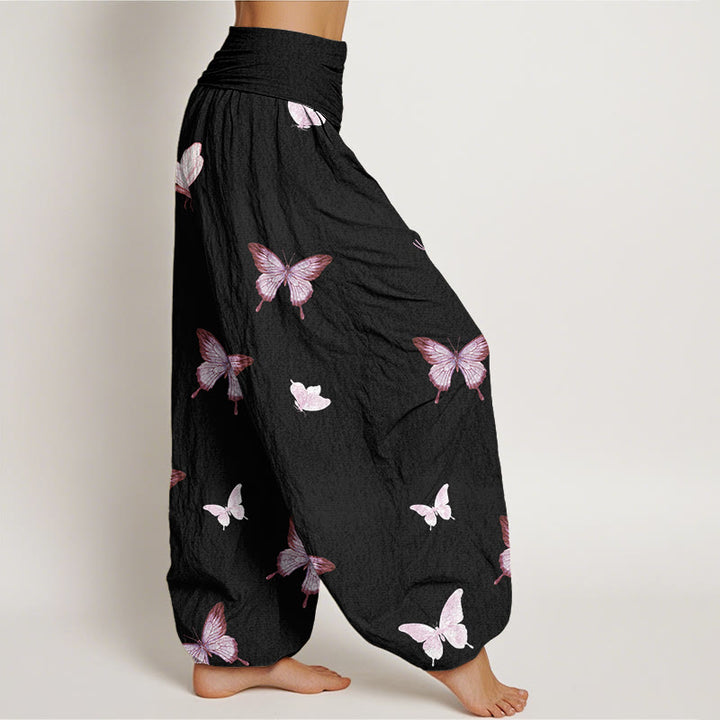 Buddha Stones Butterfly Pattern Women's Elastic Waist Harem Pants