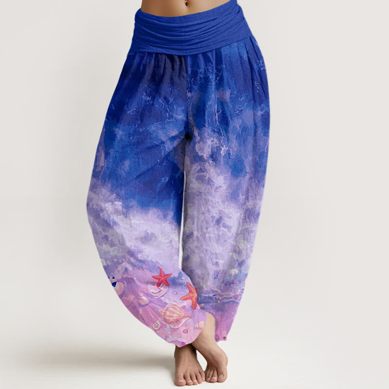 Buddha Stones Cotton Vast Ocean Pattern Women's Elastic Waist Harem Pants - DarkViolet - US22，UK/AU26，EU54 (6XL) - image 7