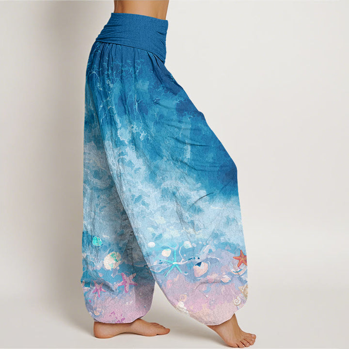 Buddha Stones Vast Ocean Pattern Women's Elastic Waist Harem Pants