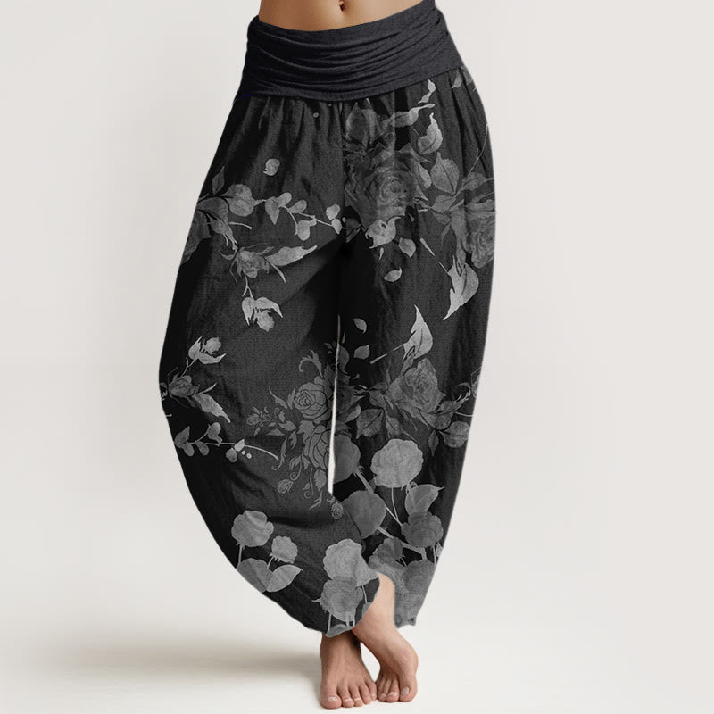 Buddha Stones Blooming Budding Flowers Pattern Women's Elastic Waist Harem Pants - Black - US22，UK/AU26，EU54 (6XL) - image 0