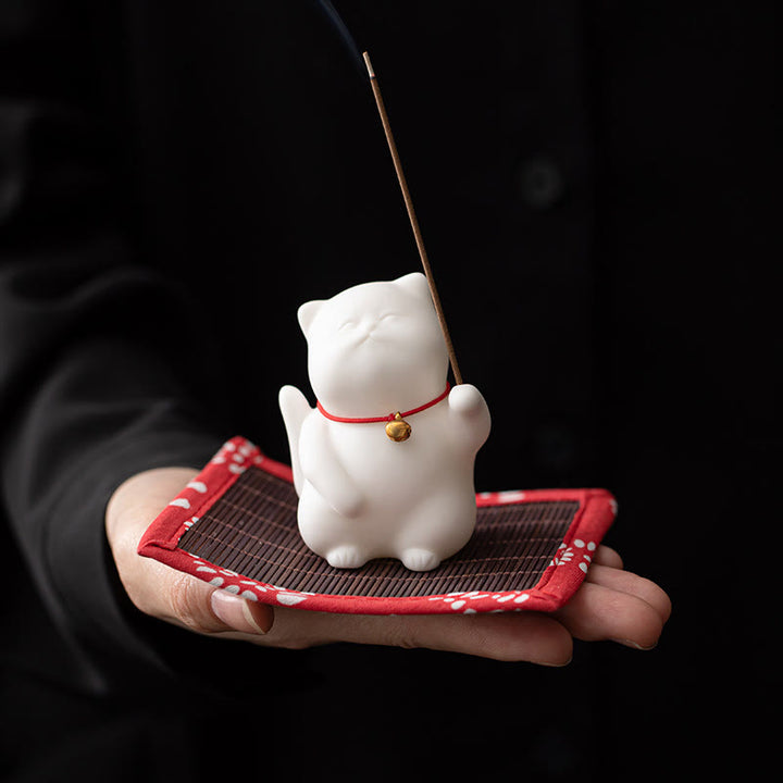 Buddha Stones Cat Bell Bamboo Mat Healing Ceramic Incense Burner Desk Decoration - image 3