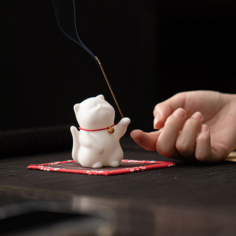 Buddha Stones Cat Bell Bamboo Mat Healing Ceramic Incense Burner Desk Decoration - image 2