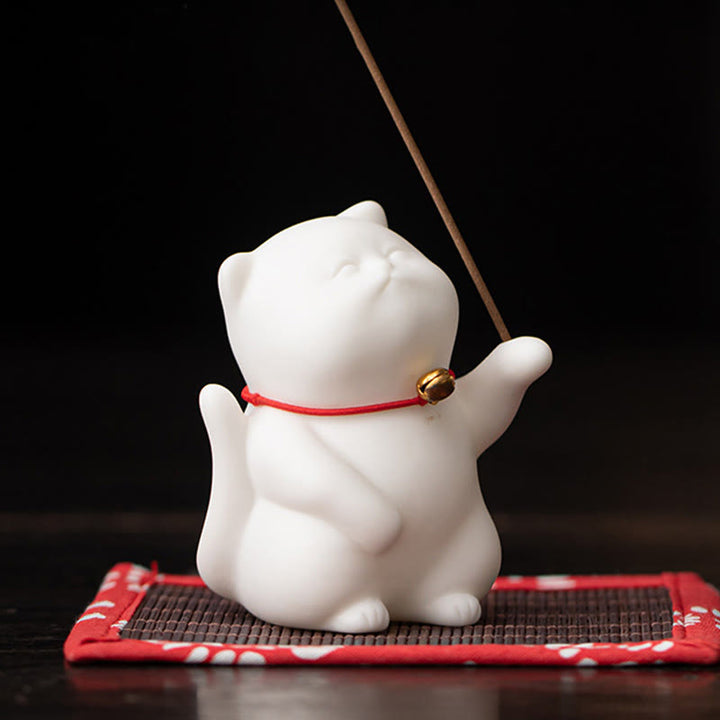 Buddha Stones Cat Bell Bamboo Mat Healing Ceramic Incense Burner Desk Decoration - image 7