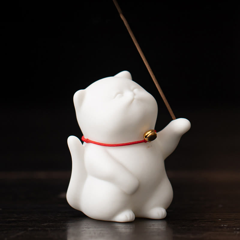 Buddha Stones Cat Bell Bamboo Mat Healing Ceramic Incense Burner Desk Decoration - image 8