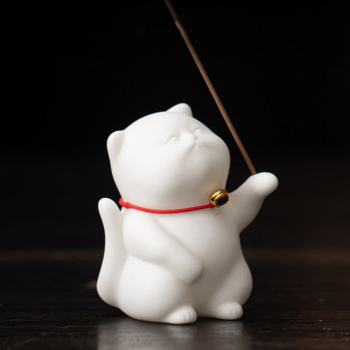 Buddha Stones Cat Bell Bamboo Mat Healing Ceramic Incense Burner Desk Decoration - image 8
