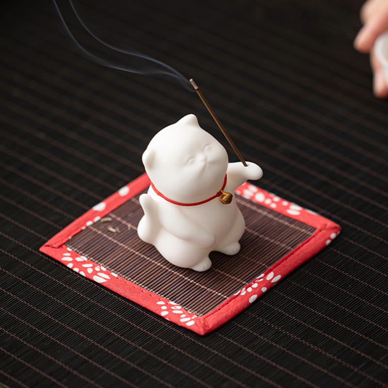 Buddha Stones Cat Bell Bamboo Mat Healing Ceramic Incense Burner Desk Decoration - image 5