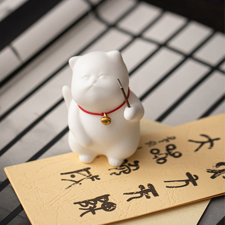 Buddha Stones Cat Bell Bamboo Mat Healing Ceramic Incense Burner Desk Decoration - image 6