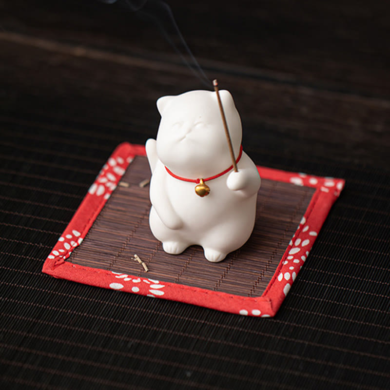 Buddha Stones Cat Bell Bamboo Mat Healing Ceramic Incense Burner Desk Decoration - image 4