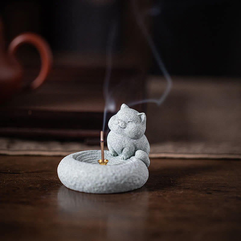 Buddha Stones Cute Lazy Standing Cat Healing Incense Burner Desk Decoration - image 3