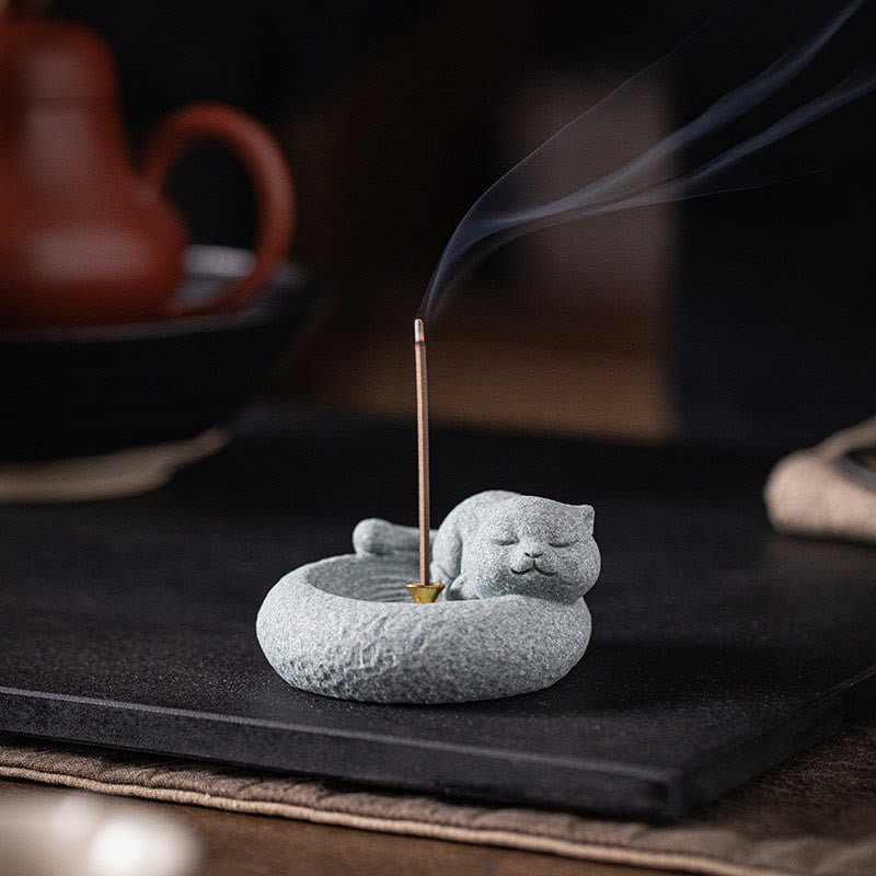 Buddha Stones Cute Lazy Standing Cat Healing Incense Burner Desk Decoration - image 15