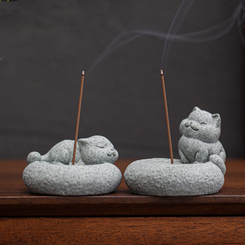 Buddha Stones Cute Lazy Standing Cat Healing Incense Burner Desk Decoration - image 2