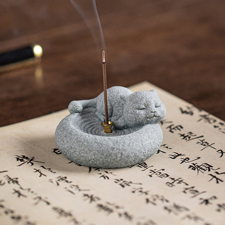 Buddha Stones Cute Lazy Standing Cat Healing Incense Burner Desk Decoration