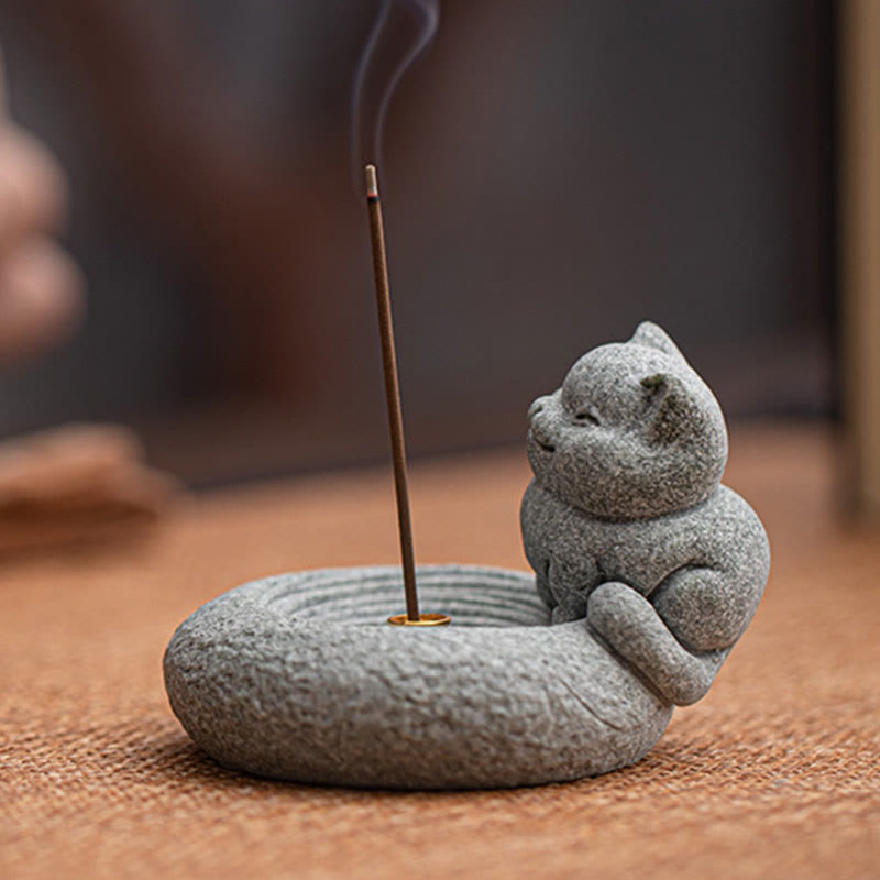 Buddha Stones Cute Lazy Standing Cat Healing Incense Burner Desk Decoration