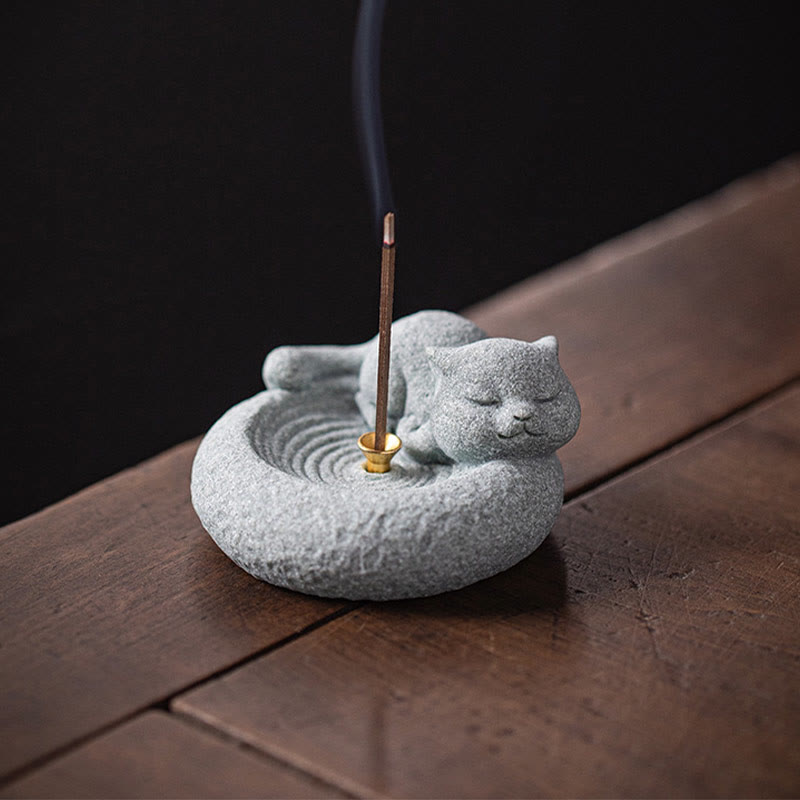Buddha Stones Cute Lazy Standing Cat Healing Incense Burner Desk Decoration - image 22