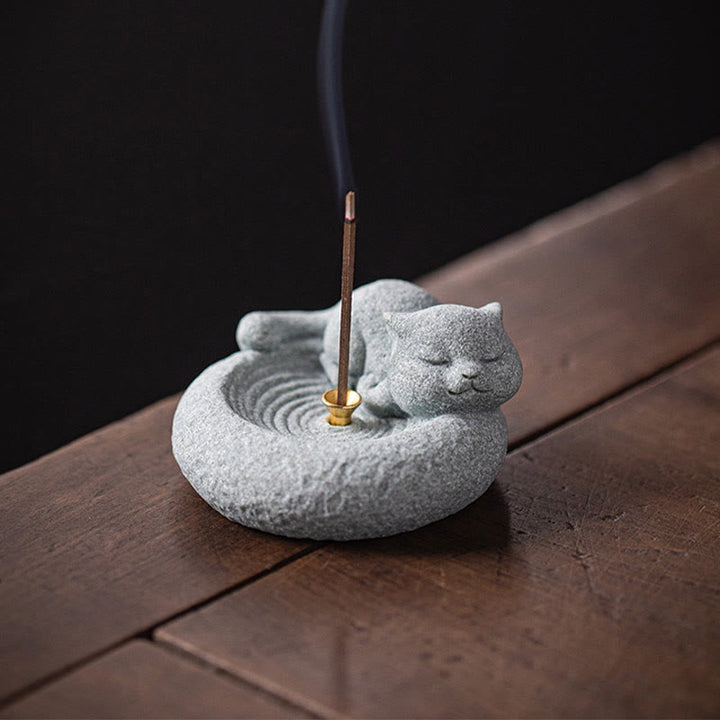 Buddha Stones Cute Lazy Standing Cat Healing Incense Burner Desk Decoration - image 22
