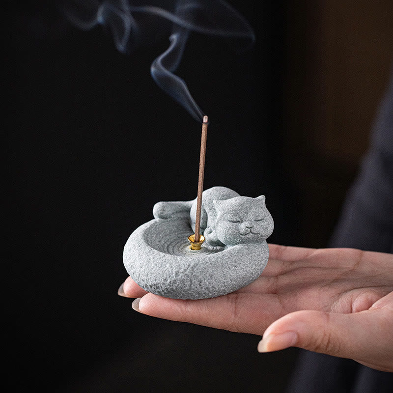 Buddha Stones Cute Lazy Standing Cat Healing Incense Burner Desk Decoration - image 14