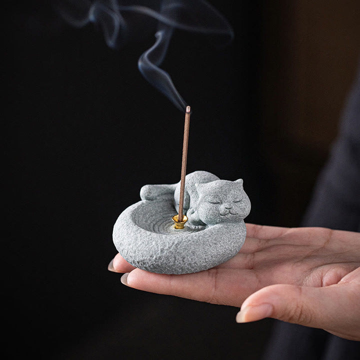 Buddha Stones Cute Lazy Standing Cat Healing Incense Burner Desk Decoration - image 14