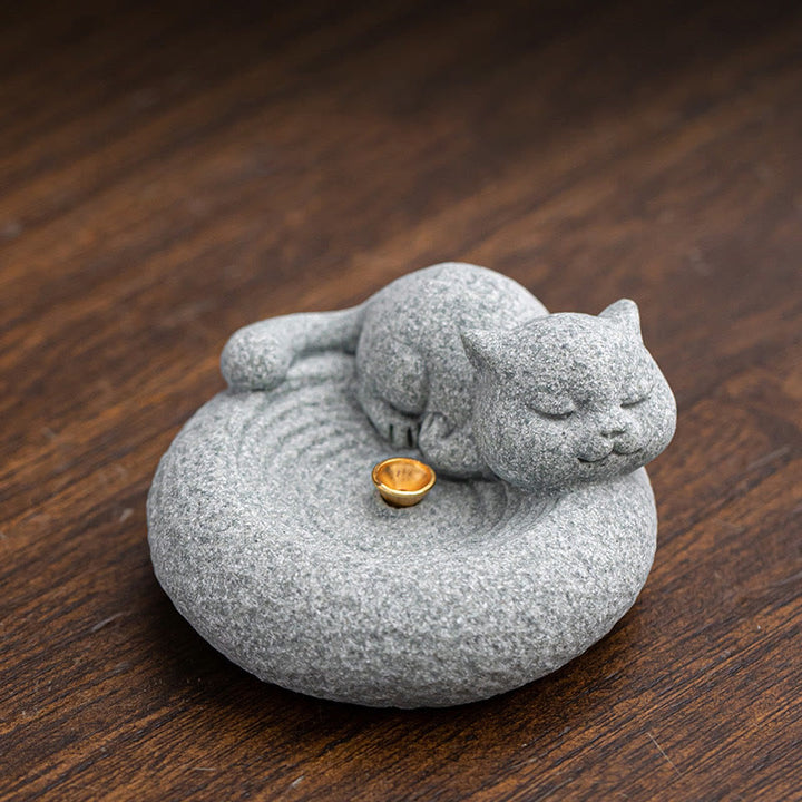 Buddha Stones Cute Lazy Standing Cat Healing Incense Burner Desk Decoration