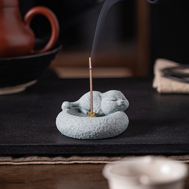 Buddha Stones Cute Lazy Standing Cat Healing Incense Burner Desk Decoration - image 16